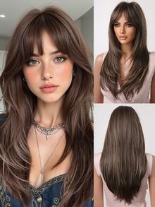Ava WIGS 24英寸棕色渐变长直发层次感假发，带刘海，柔软易造型，耐热合成纤维，适合日常佩戴、工作、节日、假期、角色扮演，也是万圣节、圣诞节送给女性或女友的理想礼物。 - 挑染棕色 - 查看 3