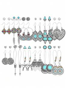 TopHanqi Bộ 54/24/6 khuyên tai tông bạc Bohemian cổ điển dành cho nữ, khuyên tai dạng đinh tán rỗng hình học bằng hợp kim kẽm, đa năng để đeo hàng ngày, dự tiệc, đi làm, mọi mùa - Màu Bạc Cổ - Xem 2