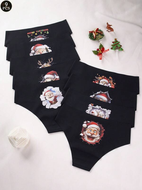 9pcs/Pack Seamless Comfortable Santa Claus Design Solid Color Invisible Sexy Panties For Women, Suitable For Daily Wear, For Christmas