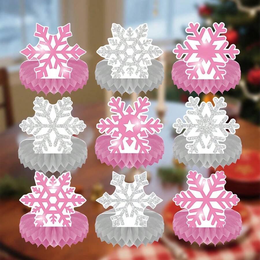 9 件雪花蜂窝桌面装饰雪花冰雪奇缘桌面装饰桌面装饰冰雪奇缘冬季仙境派对装饰冬季派对中心装饰雪花主题圣诞节生日派对用品 - 彩色 - 查看 1