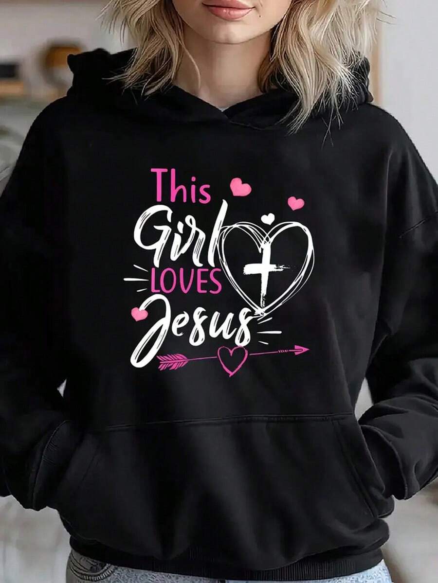 This Girl Loves Jesus Heart Print Hoodie With  Pocket, Casual Knit Fabric Sweatshirt, Unisex-Adult, All-Season Comfort, Geometric Pattern Design,Fall Hoodies,Men's Fall Clothes,Street Wear,Halloween,Mens Hoodies,Y2k Clothes,Jesus Hoodie,Thanksgiving Day,Nightmare Before Christmas,Christmas - màu đen - Xem 1