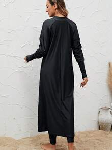 VFJ 女士黑色高弹力布基尼泳衣，圆领长袖，拉链腰带，全包臀设计，优雅款式，搭配高腰紧身裤 - 黑色 - 查看 9