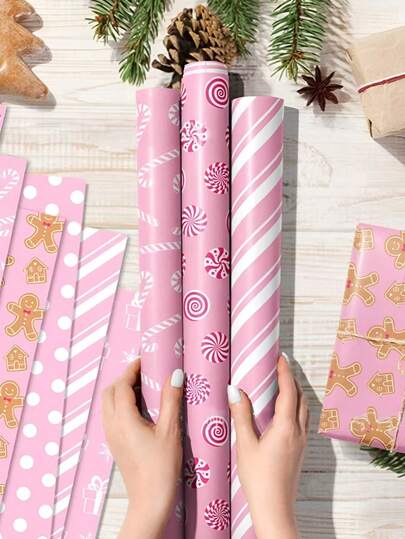 12pcs Pink Christmas Wrapping Paper With Snowflake Gingerbread Man Designs - Festive Decorative Packaging Sheets For Holiday Presents, Vibrant Color Prints, Ideal For Christmas Party Gifts, Friend & Lover Gift Wrapping Christmas Christmas Decorations Christmas Pajamas Christmas Gifts Christmas Decor