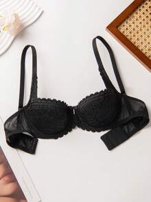 Wingslove Plus Size Women'sSexy Push Up Elegant Low Cut Lace Bra - Lightly Padded Bralette With Pearl Accents & Adjustable Straps, Lift