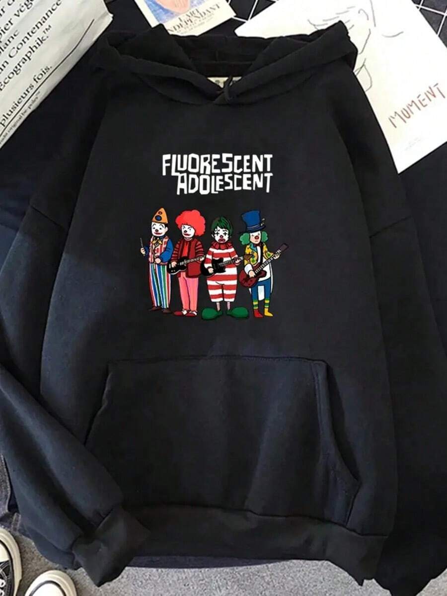 Women's  Graphic Hoodie - Black Funny Cartoon Print Streetwear Pullover, Unisex Spring/Fall Long Sleeve Sweatshirt With Drawstring Hood, Machine Washable Hip Hop Music Band Merch,Fall Hoodies,Men's Fall Clothes,Street Wear,Halloween,Mens Hoodies,Y2k Clothes,Jesus Hoodie,Thanksgiving Day,Nightmare Before Christmas,Christmas - 黑色 - 查看 1