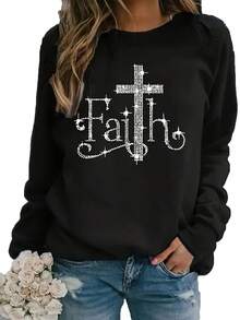 Women's Faith Printed Sweatshirt - Cozy Fall/Winter Pullover, Long Sleeves, Crew Neck, Casual, Perfect For Halloween Party Outfits, Everyday Fall Fashion And Fall/Winter Outfits, Playful Design, Soft Fabric, Comfortable Material, Fashion Apparel