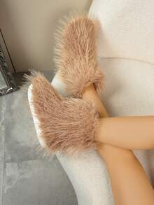 1 Paar Oversize 36-43 Batik Weihnachten einfarbig Y2K Party Punk Mode süße Kunstfell Patchwork Kunstfell gefütterte Overknee Stiefel, warm für Zuhause, Feiertage, Party im Winter