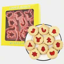 10pcs Christmas Cookie Cutters, 32 Shapes DIY Round Cake Mold, Cream & Jam Filled Cookie Baking Mold Set Christmas Christmas Decorations Christmas Pajamas Christmas Gifts Christmas Decor - Pink - View 3
