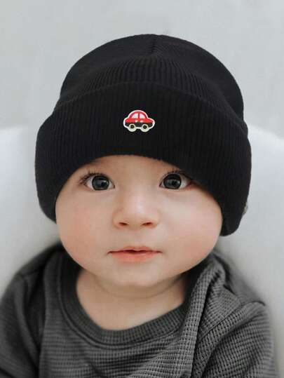 1pc Kids Hat, Boys Knitted Beanie, Girls Autumn/Winter Warm Cuffed Beanie, Unisex Cold Weather Ski Cap, Children Slouchy Beanie, Car Embroidered Knit Hat, Suitable For School, Outdoor, Casual, Travel, Party In Autumn/Winter