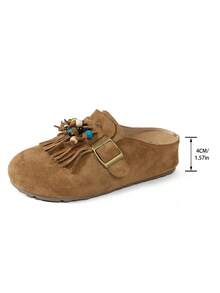 秋冬新款女士厚底鞋，牛津鞋款式，坡跟厚底，休闲套脚鞋，包头设计，流苏串珠装饰，舒适百搭，适合户外旅行、休闲场合及室内穿着，时尚鞋履 - 棕色 - 查看 7