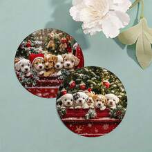 6 pièces/set ou 420 pièces/70 sets Chiens de Noël assis dans un camion rouge, motif sapin de Noël et flocons de neige, dessous-de-verre ronds en caoutchouc absorbant de 10 cm/2 mm d'épaisseur avec fond en caoutchouc souple, dessous-de-verre décoratifs convenant pour les tasses, la décoration de la cuisine et de la table de salle à manger
