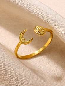 Fashion Pink Sun Stainless Steel Open Rings For Women, 18K Gold-Plated Anti Fading Finger Ring, Golden Wedding Jewelry Party Accessories, Christmas Gifts For Best Friends/Mom