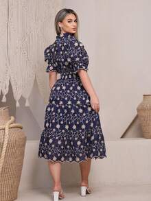 Women's Fashion Midi Dress In 3D Laise Fabric With Elastex On The Back And Button On The Front And Lining - 海軍藍雙色 3D - View 2