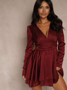 Satin Mini Dress With Deep Neckline And Tie Back - Burgundy - View 1