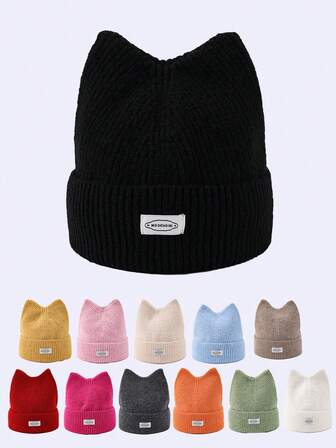 1ชิ้น หมวกบีนนี่แฟชั่นผู้หญิงลายตัวอักษรโลโก้หูแมว 3D, หมวกถักเหมาะสำหรับใส่ในชีวิตประจำวันฤดูใบไม้ร่วง/ฤดูหนาวและกิจกรรมกลางแจ้ง