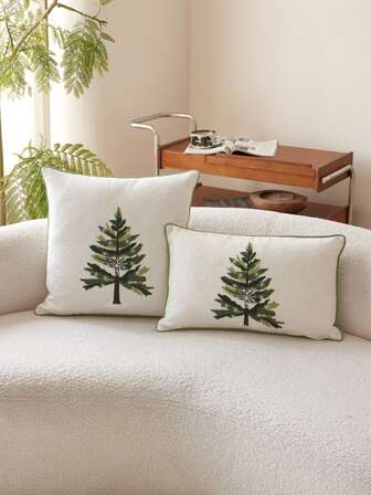 1 st broderat örngott med tallträd och snöflingor, heminredning lämplig för vardagsrum, sovrum, soffa, fest, bil och olika miljöer, höst/vinter
