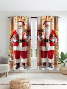 2 pièces Rideaux imprimés avec Père Noël et boîte-cadeau, rideaux décoratifs minimalistes à demi-transparents, rideaux en polyester légers offrant de l'intimité, convenant pour la décoration de Noël dans la chambre, le salon, le bureau, le bureau d'étude, la décoration d'intérieur