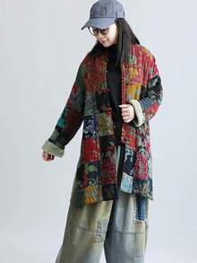 LUZU JUNU Women's Trench Coat Floral Print Long Cotton Linen Jacke Cottagecore Clothing Patchwork Outwear Bohemian Unique - 復古灰色夾克毛絨襯裡 - 查看 6