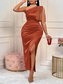 BIUBIU Plus Size Women's Sexy Red Bow Shoulder Ruched High Slit Satin Solid Color Dress, Suitable For Party, Wedding, Anniversary And Other Occasions Elegant Summer - Rust Brown - View 3