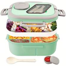 40.5 Oz.Large Salad Bowl,1 Adult Bento Box, Salad Container, Large Salad Bowl, Bento-Style Tray For Toppings, 3 Oz. Sauce Container For Dressing, With Reusable Fork And Knife - 彩色 - 查看 11