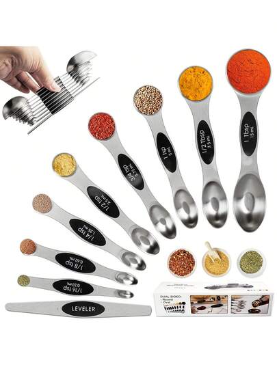 Juego de 9 cucharas medidoras magnéticas de acero inoxidable. Medición precisa de ingredientes líquidos y secos. Herramientas para medir alimentos secos y húmedos. Fácil de limpiar. Ideal para hornear y cocinar en días festivos.
