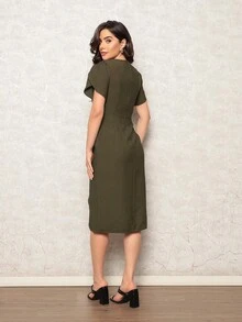Vestido Midi Feminino Fenda Lateral Com Manga de Petala  Simples    Diário - Verde Militar - Visão 4