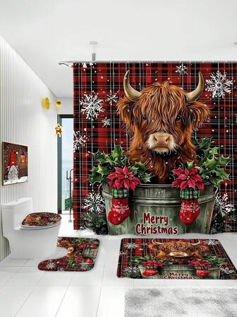 Country Christmas Cow Element Bathroom Set | Warm Holiday Decor | Red & Black Plaid Shower Curtain With Adorable Highland Cow | Cow Peeking Out Of Wooden Tub, Accented With Christmas Greenery, Red Stocking, And Winter Florals | "Merry Christmas" Text Prominently Displayed, Exuding Holiday Cheer | Entire Set Blends Rustic Countryside Aesthetic, Cozy And Elegant