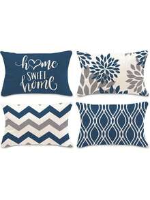 4 件装蓝色几何图案抱枕套 - 沙发装饰靠垫套，户外家居装饰枕套，单面无芯，花卉节日装饰枕套（16 英寸 x 16 英寸、18 英寸 x 18 英寸、20 英寸 x 20 英寸）（12 英寸 x 20 英寸） - 藍色 - 查看 16