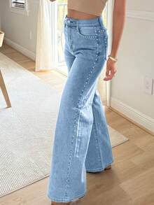 Women's High - Waisted Wide Leg Jeans, Vintage Washed Loose Denim Pants With Side Studs, Casual/Workwear - 淺色水洗藍 - 查看 1