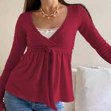 Women Wrap V-Neck Peplum Tops Casual Long Sleeve Tee Shirts Cute Front Twist Tie Knot Shirts Fall Blouses - Màu Đỏ Sâu - Xem 4