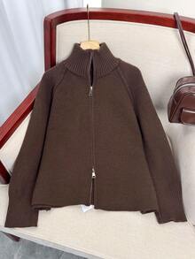 Wixra Korean Loose Knit Cardigan, Stand Collar Raglan Sleeve, Two-Way Zipper Design, Solid Color, Collegiate Style, Essential For Layering In Autumn/Winter - Brown - View 9