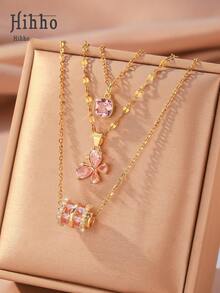 Hihho 3 件套时尚优雅项链套装，锆石镶嵌腰部设计圆柱形吊坠，方形吊坠，可爱蝴蝶吊饰，奢华珠宝礼物，适合女士 - 粉色 - 查看 5