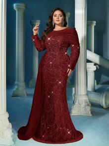 闪耀迷人香槟色加大码亮片长袖美人鱼下摆礼服裙（大量缀饰） - 酒紅色 - 查看 4