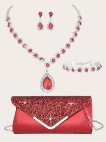 Bộ 4 vòng cổ đính đá Rhinestone màu đỏ, phù hợp với túi xách váy dạ hội bằng kim loại đính đá Rhinestone của phụ nữ, bộ vòng cổ, vòng tay, hoa tai cưới của cô dâu, phù hợp cho các bữa tiệc, đám cưới, khiêu vũ, bữa tối/bộ trang sức tiệc, quà tặng ngày lễ - Đỏ - Xem 5