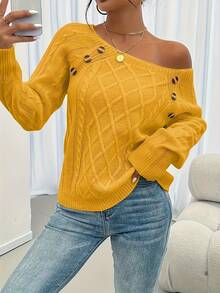 Ladies' Casual Street Style Button Detail Knit Top, Plus Size Long Sleeve Sweater For Spring-Summer Transition & American Holidays    Vacation Outfits Women / Summer Outfits For Women / Summer Tops / Summer / Summer Clothes / Beach Outfits For Woman / Tops For Women / Festival Outfits For Women / Easter Outfits For Women - 黃色 - 查看 2