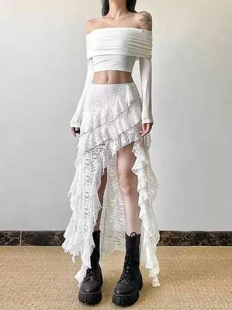 1 件不对称蕾丝拼布不对称荷叶边下摆高腰半身裙，黑白女秋装