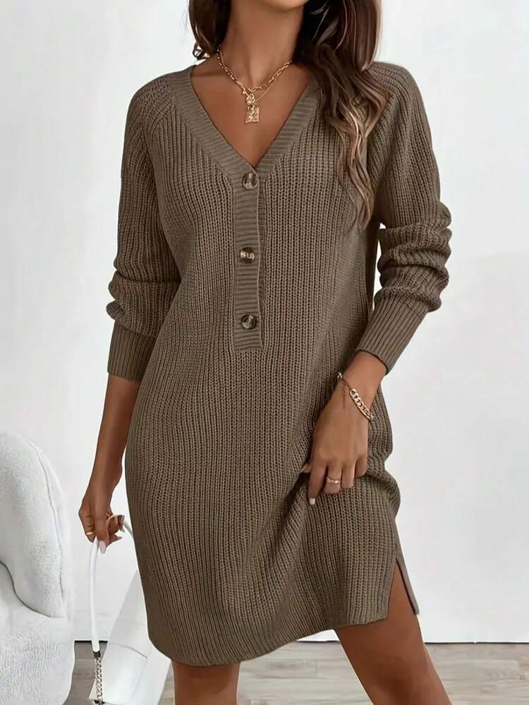 Vestido de punto casual con botones y mangas raglán de unicolor para mujer de talla grande, Vestido elegante de mujer con escote en V, Atuendos de San Valentín para mujer - Marrón - Añade 2