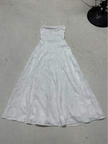 Elegant Off-The-Shoulder Jacquard Lace Strap Dress, Waist Tie, Graceful Evening Gown - 白色 - 查看 9