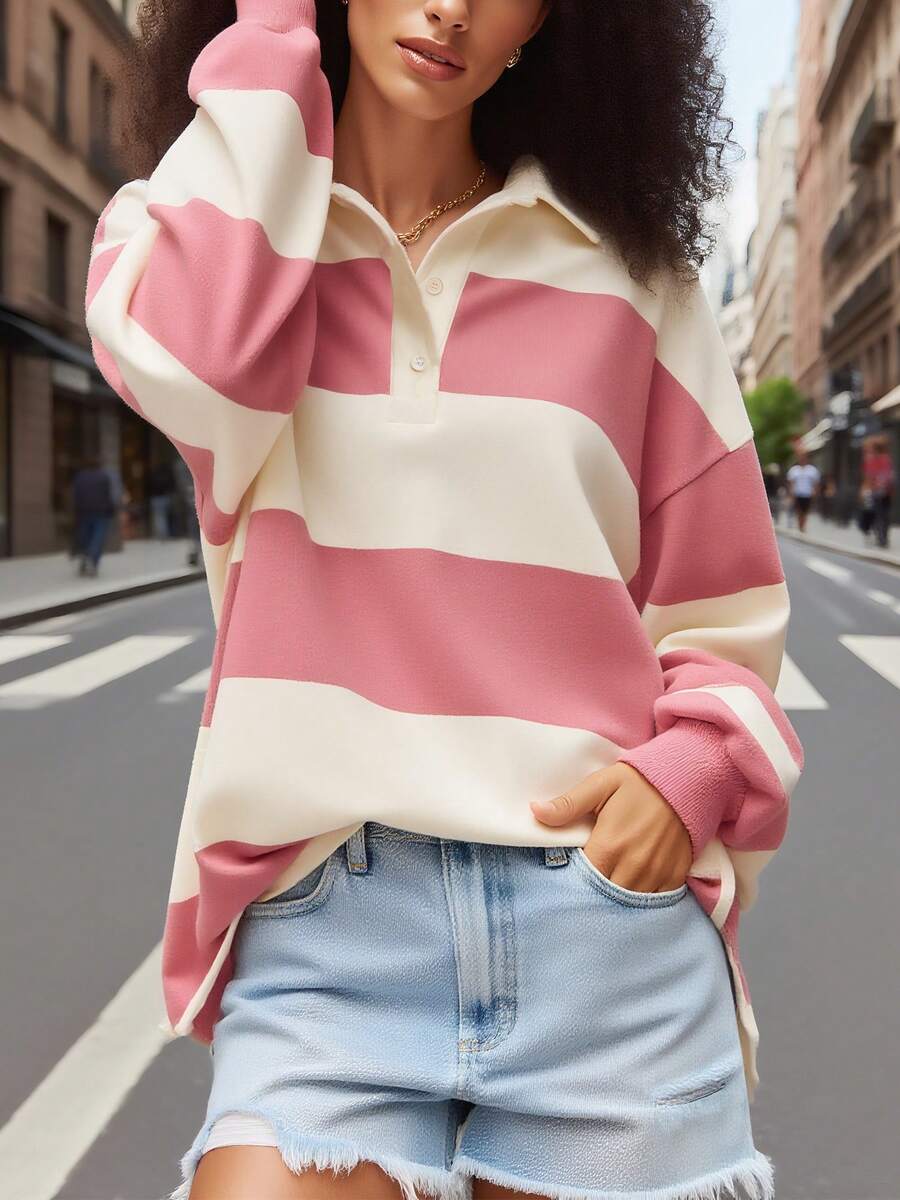 Y2k Women Striped Rugby Polo Shirt Long Sleeve Collared Oversized Vneck Sweatshirt Vintage Jersey Girls Streetwear - 紅色 - 查看 1