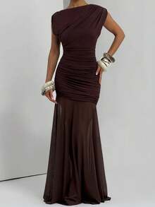 Brown Round Neck Mesh Patchwork Sleeveless Sexy Party Club Chic Wedding Dress Women Christmas Dresses