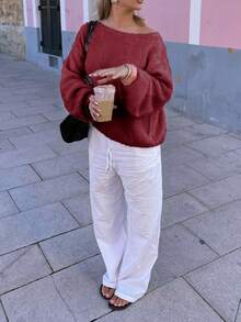 Senya Women's New Casual Solid Color Loose Off-Shoulder Long Sleeve Sweater, Romantic Pink, Oversized Knit Top