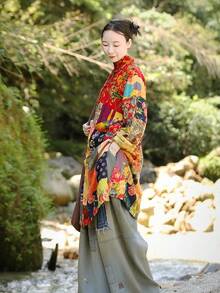 LUZU JUNU Women's Trench Coat Floral Print Long Cotton Linen Jacke Cottagecore Clothing Patchwork Outwear Bohemian Unique - 黃夾克 - 查看 5