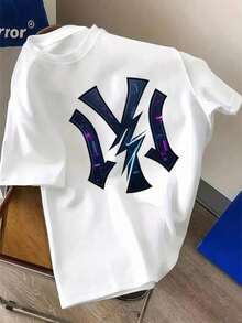 Camiseta Casual Colorida  E Infantil De Manga Curta E Simples Adequado Para Meninos Dia A Dia Algodão Estampa Personalizada De NY Raio - Branco - Visão 1