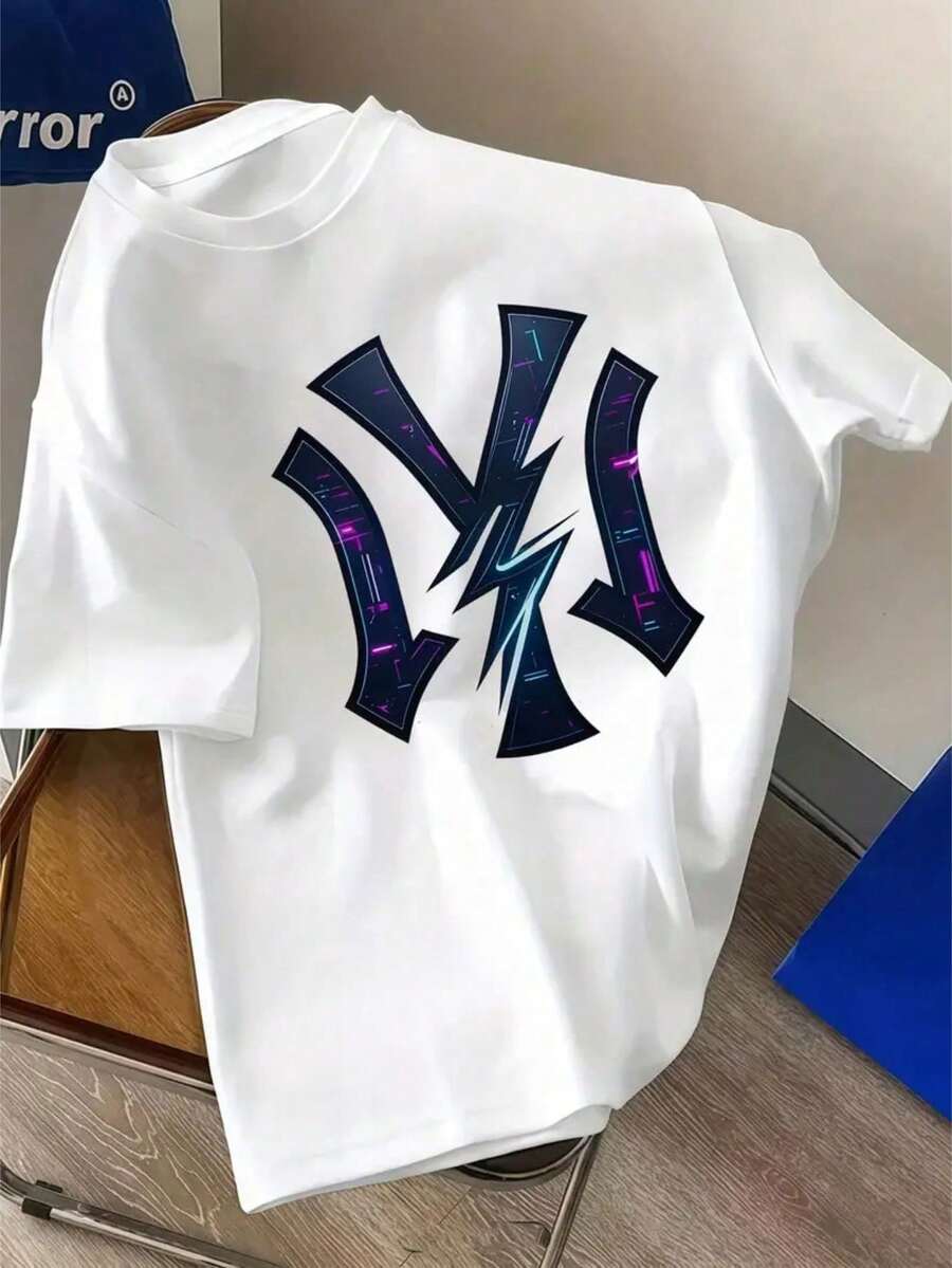 Camiseta Casual Colorida  E Infantil De Manga Curta E Simples Adequado Para Meninos Dia A Dia Algodão Estampa Personalizada De NY Raio - Branco - Visão 1