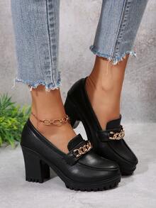 Women's Gold Chain Buckle Loafers, Black Chunky Heel Platform Shoes - Black (thin Chain) - View 4