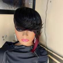 Krótkie peruki Pixie Cut dla czarnoskórych kobiet z ludzkich włosów w kolorze czarnym, czekoladowym brązie, czarnym z bordowym. Prosta peruka Pixie Cut dla czarnoskórych kobiet. Krótkie peruki warstwowe. W pełni maszynowo wykonane peruki Pixie z ludzkich włosów do codziennego użytku. Modna peruka bez koronki z przodu. Warstwowe krótkie peruki z długą grzywką.