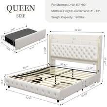SIBEDS Queen Led Bed Frame With Galaxy Aurora Star Projector, Full Size Platform Bed With 2 Removable Storage Drawers, 52"   Crystal Button Tufted Upholstered Headboard King Bed With Charging Station, Noise Free, No Box Spring Needed, PU Leather & Velvet - PU Trắng - Xem 12