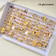 14/20pcs Faux Pearl Inlaid Alloy Women's Ring Set, Elegant Floral & Starfish Mixed Styles, Multi-Piece Open Adjustable Rings For Party, Wedding, Daily Wear, Fashion Jewelry Gift, Random Assortment