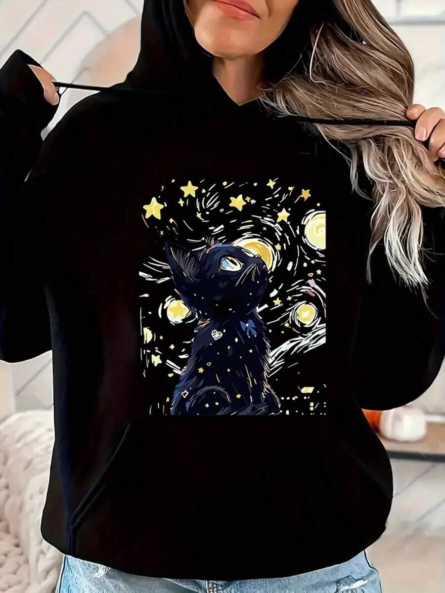 Van Gogh Starry Night Cat Print Hoodie - Artistic Retro Style, Black With Yellow Stars & Crescent Moon, Long Sleeve Pullover For Women, Casual & Comfortable, All-Season Wear, Cat Hoodie, Comfortable Clothing, Vintage Aesthetic, Durable Fabric,Fall Hoodies,Men's Fall Clothes,Street Wear,Halloween,Mens Hoodies,Y2k Clothes,Jesus Hoodie,Thanksgiving Day,Nightmare Before Christmas,Christmas - 黑色 - 查看 1