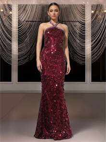 NIKBK Burgundy Halter-Neck Sequined Mermaid Gown, Fitted Long Dress With Rhinestone Trim, Shimmering Texture For Evening Parties. - Burgundy - View 3